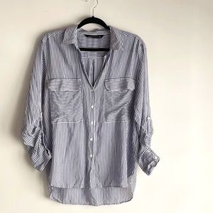 Zara Striped Long Sleeve Button Down Top | Blue & White | M